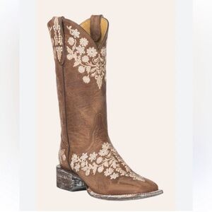 Cavenders Floral Embroidered square toe western tan brown cowboy Boots 7.5 B